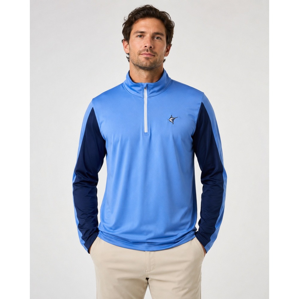 White Water Men's L Blue Quarter Zip Performance Fishing Pullover Marlin